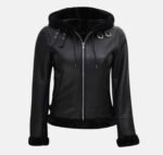 Aurora Shearling Bomber Leather Jacket with Hood