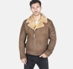 Camel Cross Zip Aviator Jacket with Brown Fur