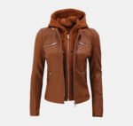 Cognac Blaze Slim Fit Leather Jacket with Detachable Hood