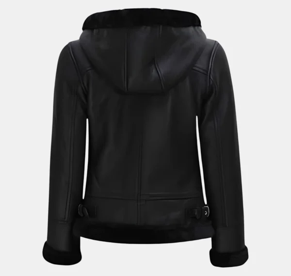 Aurora Shearling Bomber Leather Jacket with Hood - Image 2