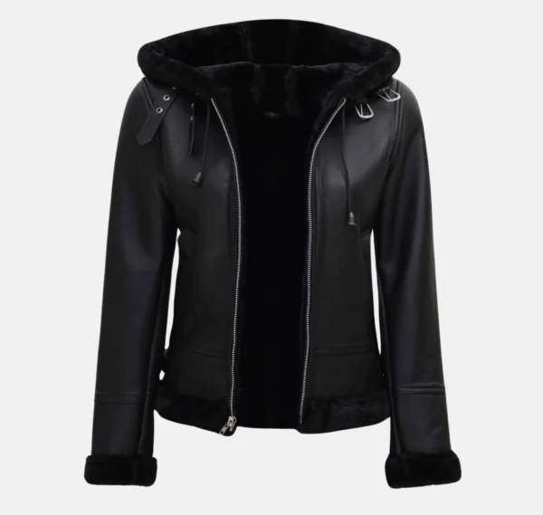 Aurora Shearling Bomber Leather Jacket with Hood - Image 3