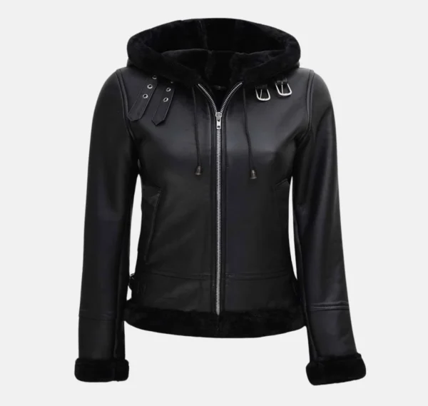 Aurora Shearling Bomber Leather Jacket with Hood
