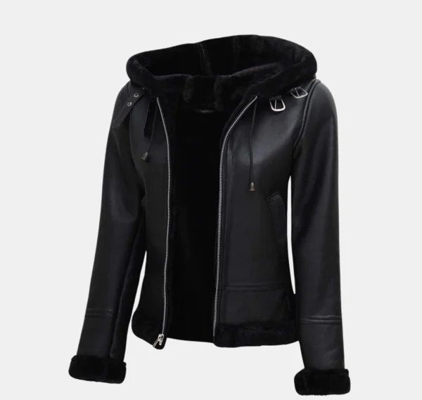 Aurora Shearling Bomber Leather Jacket with Hood - Image 4