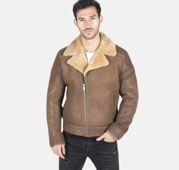 Camel Cross Zip Aviator Jacket with Brown Fur