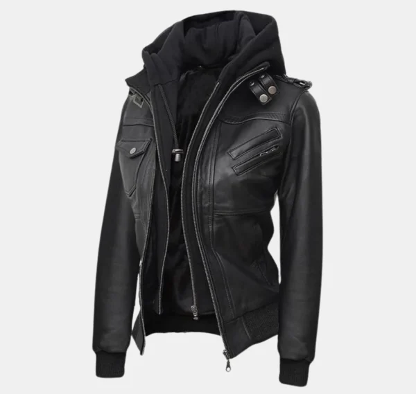 Edinburgh Women’s Black Bomber Jacket with Removable Hood - Image 3