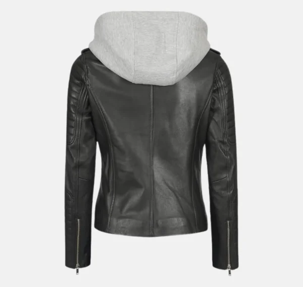 Elite Women’s Black Leather Jacket with Removable Hood - Image 2