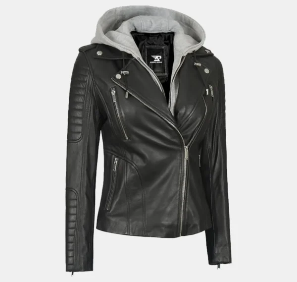 Elite Women’s Black Leather Jacket with Removable Hood - Image 4