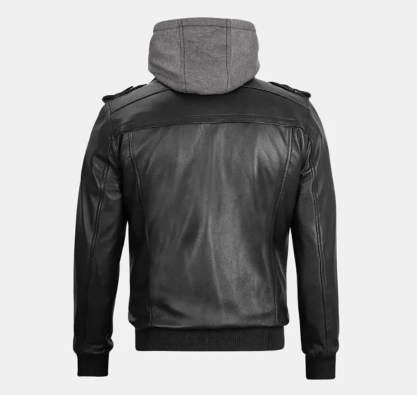 Falcon Black Men’s Bomber Leather Jacket with Detachable Hood - Image 3