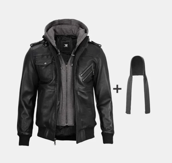 Falcon Black Men’s Bomber Leather Jacket with Detachable Hood - Image 5