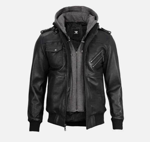 Falcon Black Men’s Bomber Leather Jacket with Detachable Hood - Image 2
