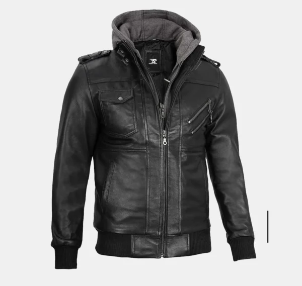 Falcon Black Men’s Bomber Leather Jacket with Detachable Hood - Image 4