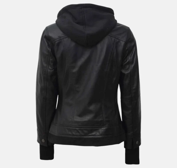 Trinity Black Bomber Leather Jacket with Hood - Image 2