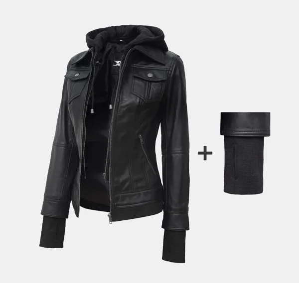 Trinity Black Bomber Leather Jacket with Hood - Image 4