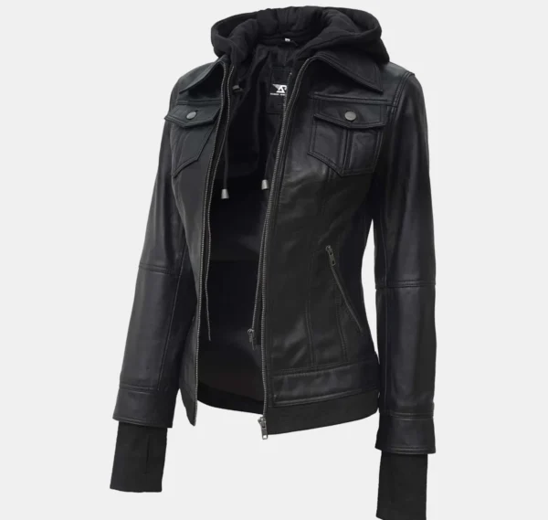 Trinity Black Bomber Leather Jacket with Hood - Image 3